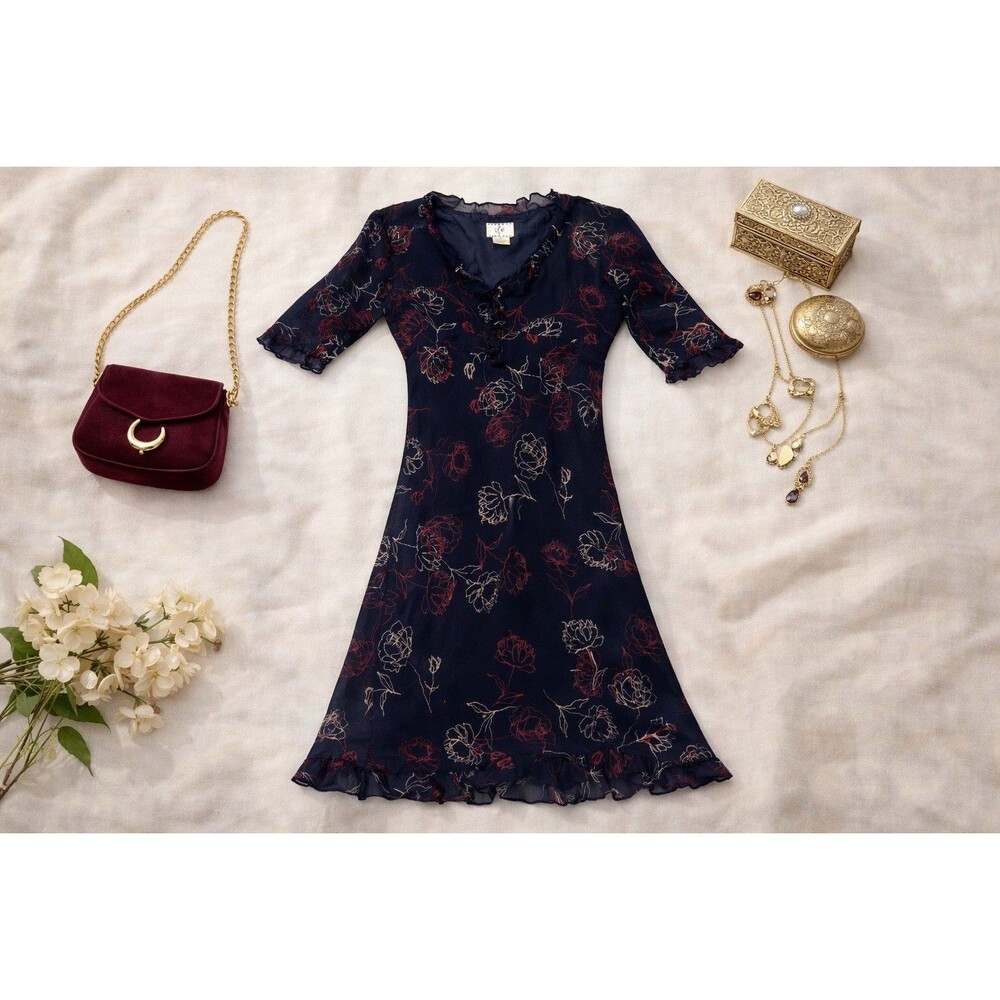 ICE 100% Silk Black Floral Maxi Dress | Sheer Sleeve | Ruffle Hem | 8